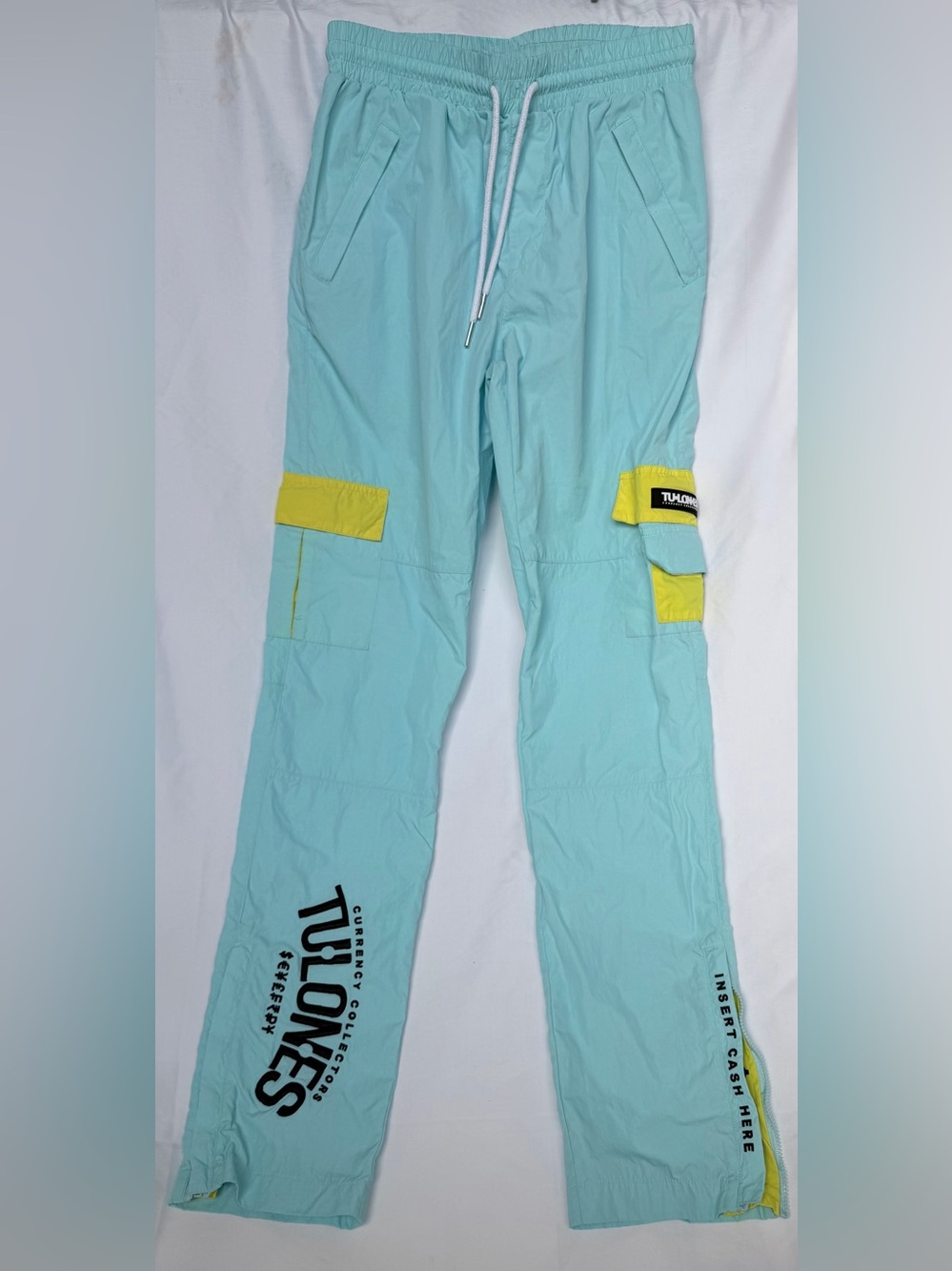 Men's Light Teal Cargo Joggers with Yellow Pocket Accents